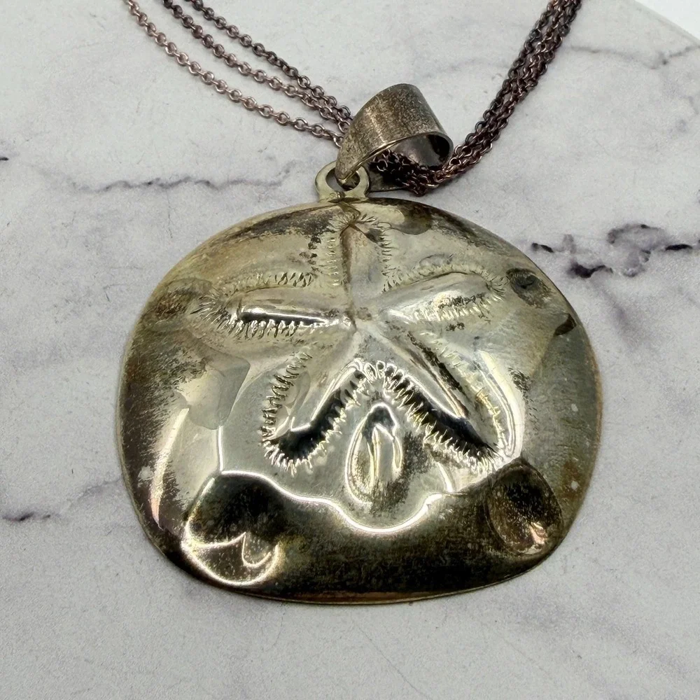 Necklace Sand Dollar Pendant Vintage Gold Tone Chain Organza Ribbon Cord Set